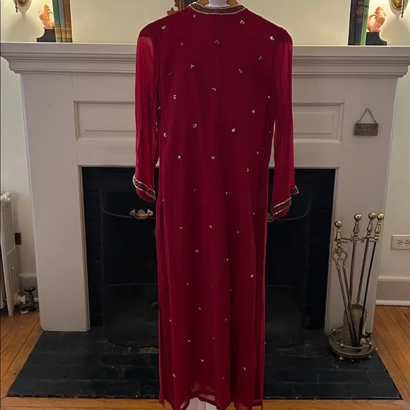 Chic Kalki Lined Long Sleeve Red Pantsuit with Embellishments. - Picture 1 of 5